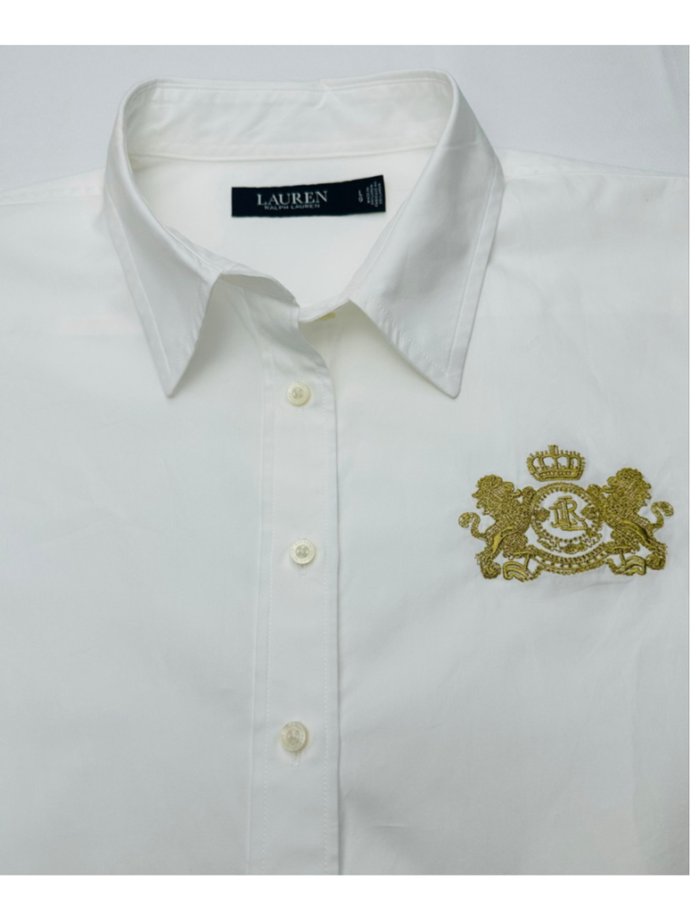 Lauren Ralph Lauren Women’s L White Cotton Shirt Gold Crest Logo Buttons - Picture 7 of 13